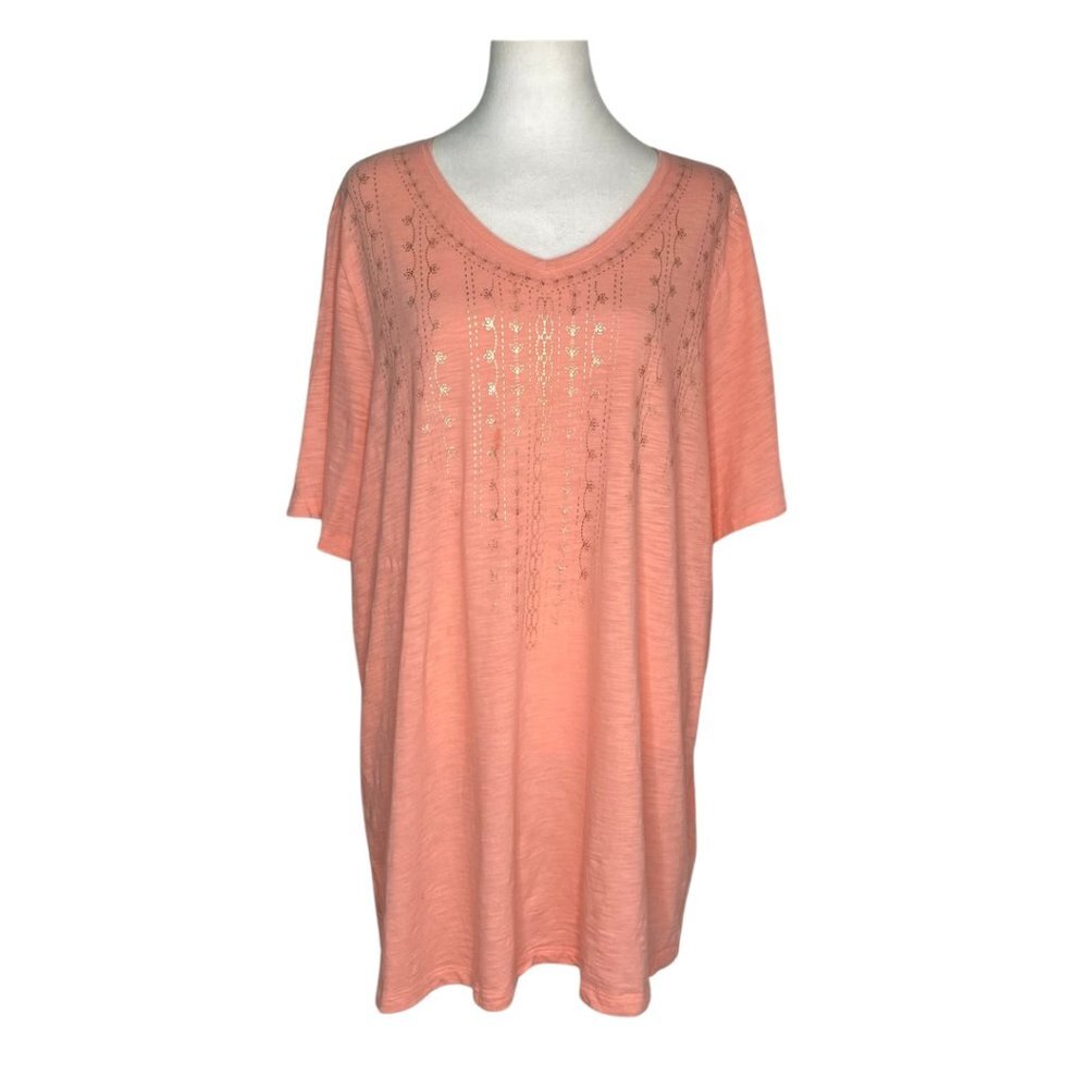 Catherines Light Salmon V-Neck Short Sleeve Cotton T-Shirt, Size 1X #304